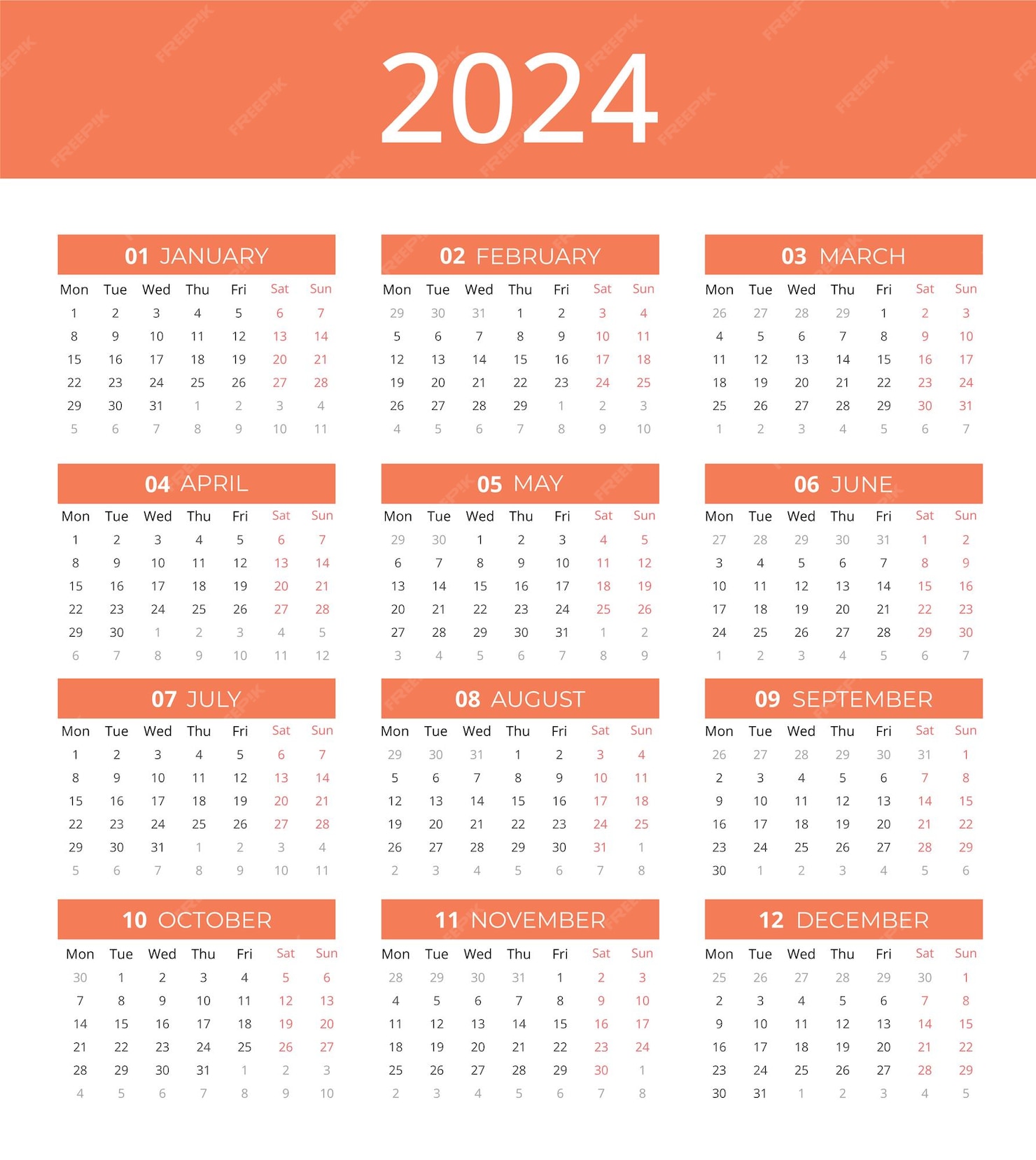 Calendario para 2024 calendario de la semana de 2024 a partir del lunes