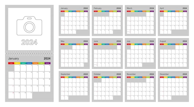 Vector calendario 2024 conjunto de diseño colorido de 12 páginas de calendario de planificador de pared vectorial sobre fondo gris la semana comienza el domingo