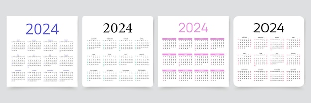 Calendario 2024 Diseño del calendario La semana comienza el domingo Plantilla de planificador de escritorio Cuadrículas de organizador mensual
