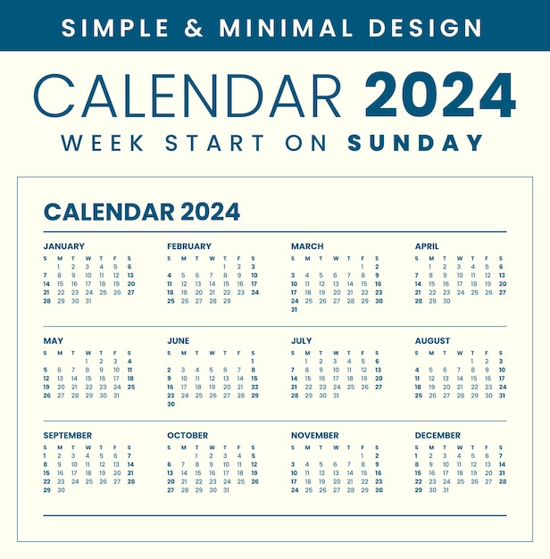 Calendario 2024 diseño simple y minimalista inicio de semana el domingo tamaño A4