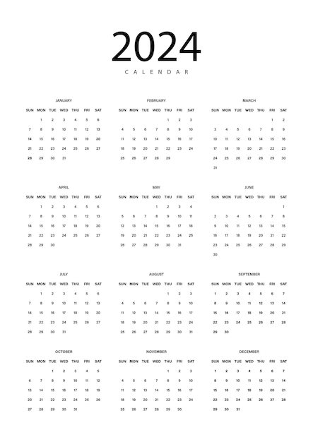 Calendario 2024 en estilo minimalista en blanco la semana comienza con la ilustración vectorial del domingo