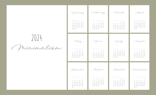 Vector calendario 2024 estilo minimalista de moda conjunto de 12 páginas calendario de escritorio 2024 planificador de calendario mínimo