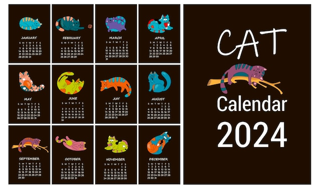 Vector calendario para 2024 gato lindo ilustración vectorial