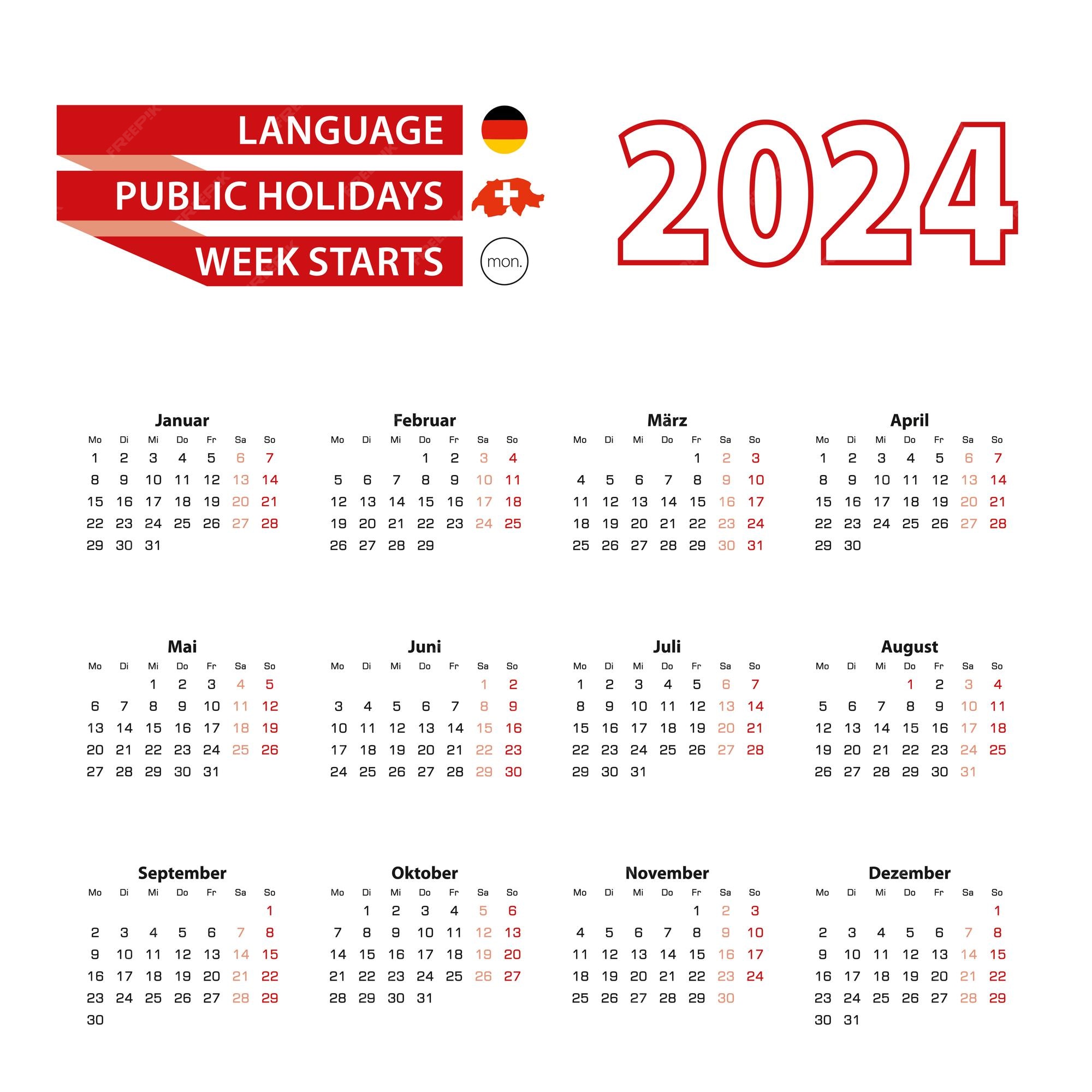 Calendario 2024 en idioma alemán con días festivos el país de suiza en