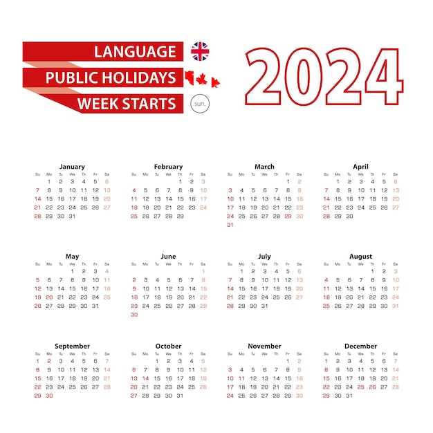 Calendario 2024 en idioma inglés con días festivos el país de canadá en