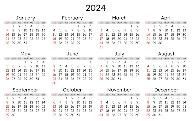 Calendario 2024 Ilustración vectorial moderna Planifique su año con estilo