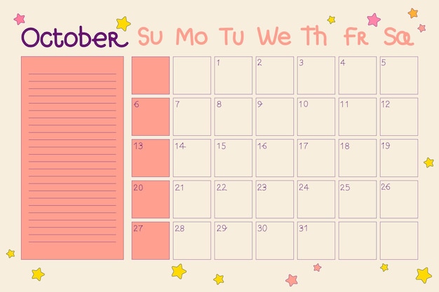 Vector calendario 2024 octubre planificador de otoño retro con fechas y notas al estilo hippie de los años 80