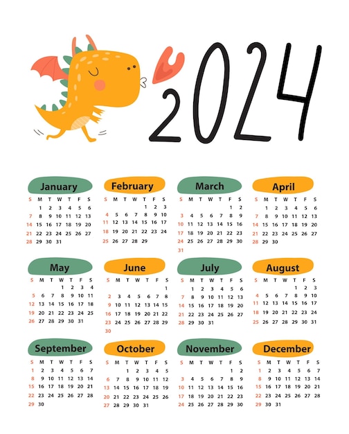 Vector calendario 2024 a partir del domingo ilustración vectorial