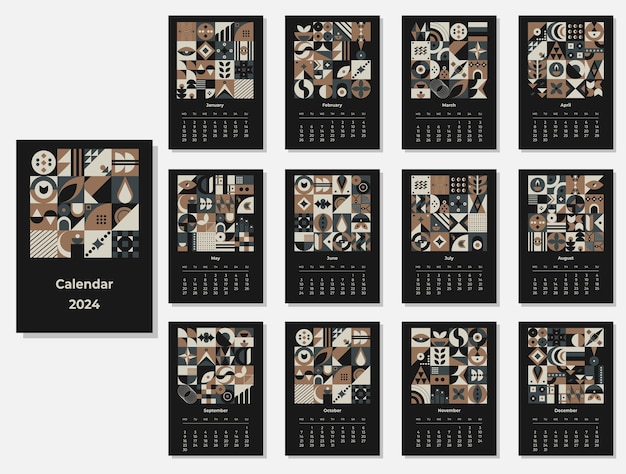 Calendario 2024 patrones geométricos Plantilla de calendario mensual para el año 2024 con formas geométricas