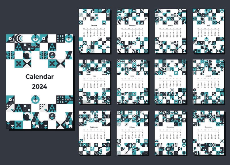 Vector calendario 2024 patrones geométricos plantilla de calendario mensual para el año 2024 con formas geométricas