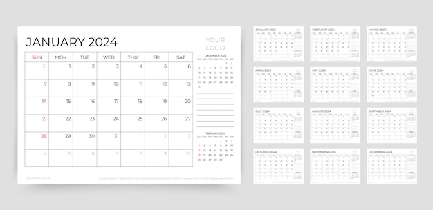 Calendario 2024 Plantilla de calendario planificador La semana comienza el domingo Organizador anual Cuadrícula de programación de mesa