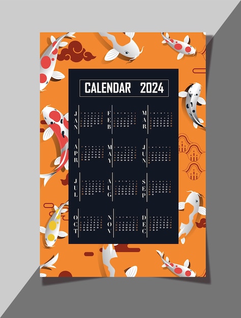 Calendario 2024 plantilla decoración clásica de peces koi