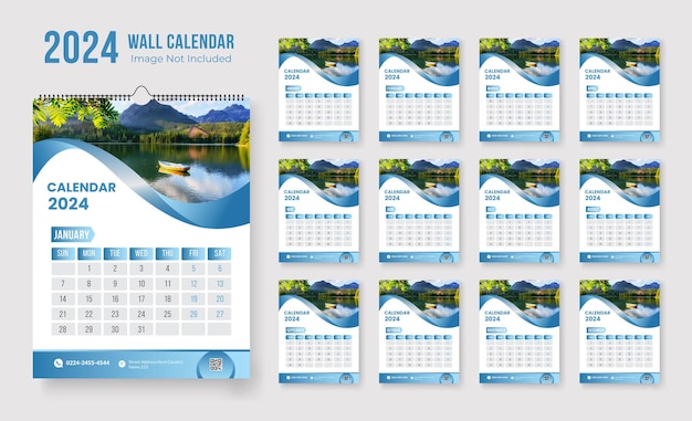 Vector calendario 2024 plantilla de diseño de 12 meses lista para imprimir