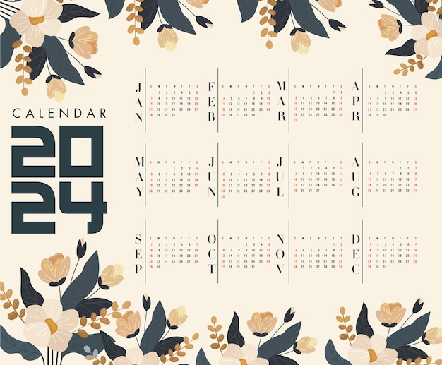 Vector calendario 2024 plantilla flores clásicas elegantes