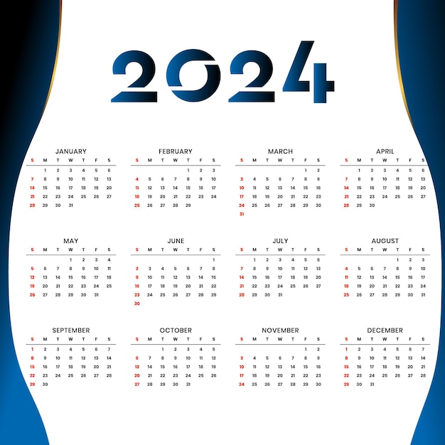 Vector calendario de 2024 con plantilla de fondo de color blanco