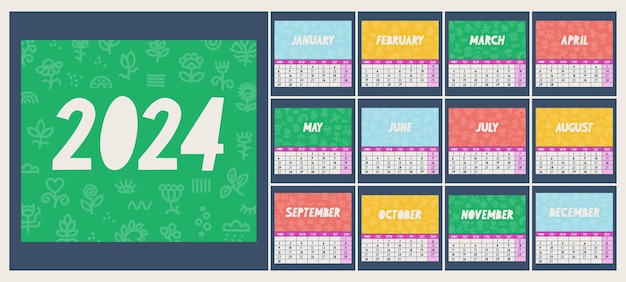 Calendario para 2024 La semana comienza el lunes Portada de cada mes con estampado floral plano