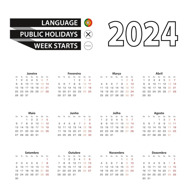 Vector calendario 2024 en la semana de la lengua portuguesa comienza el lunes