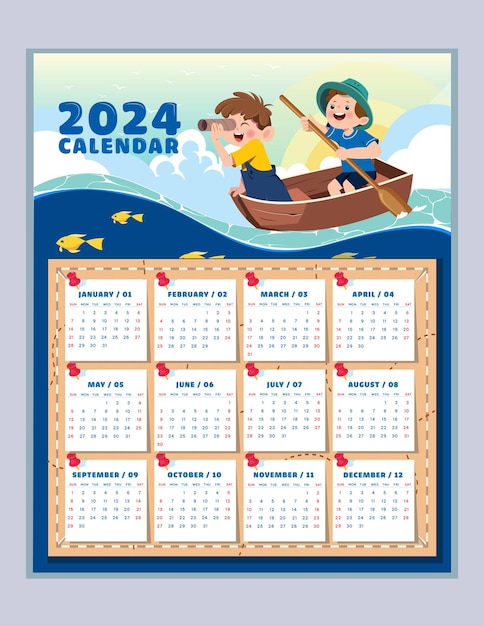 Vector calendario de 2024 con el tema de los piratas marinos para niños