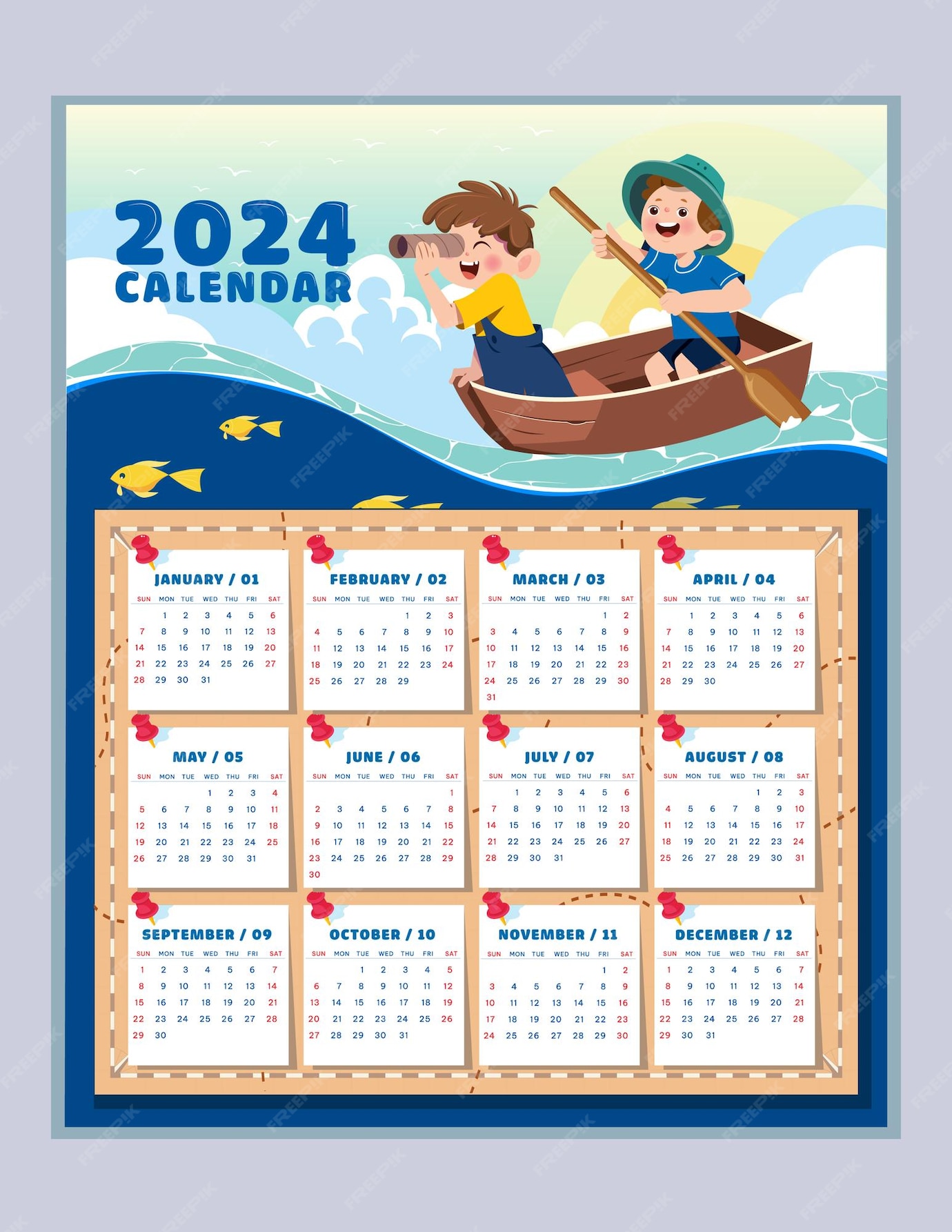 Calendario de 2024 con el tema de los piratas marinos para niños