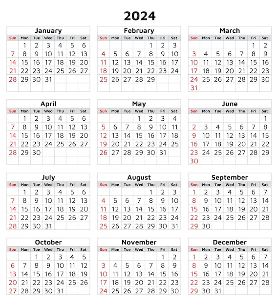 Calendario de 2024 vertical con cuadrícula Ilustración vectorial moderna Planifique su año con estilo