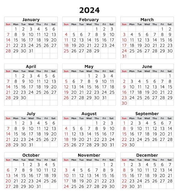 Vector calendario de 2024 vertical con cuadrícula ilustración vectorial moderna planifique su año con estilo