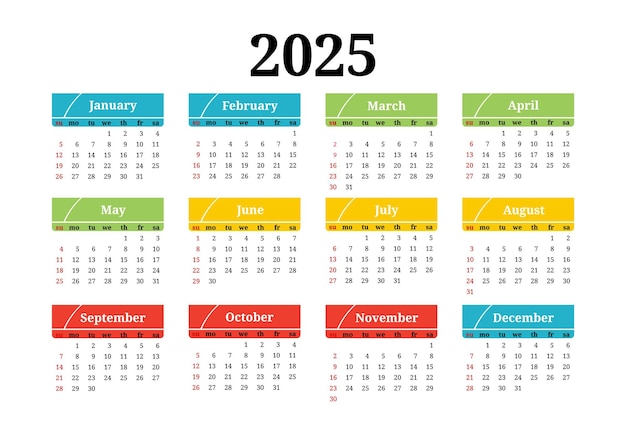 Calendario para 2025 aislado sobre un fondo blanco