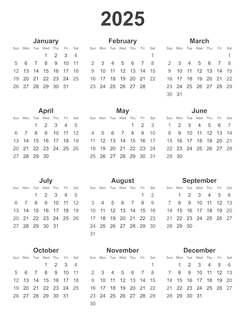 Calendario de 2025 para el calendario de vectores de impresión