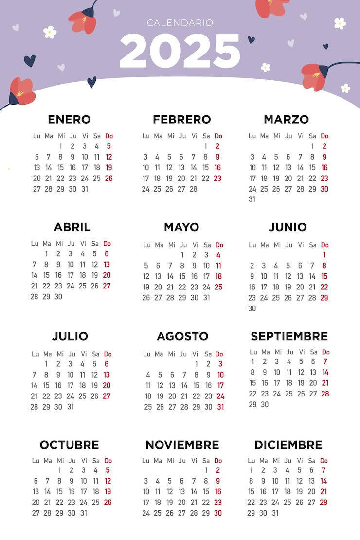 Vector calendario 2025 en español con flores
