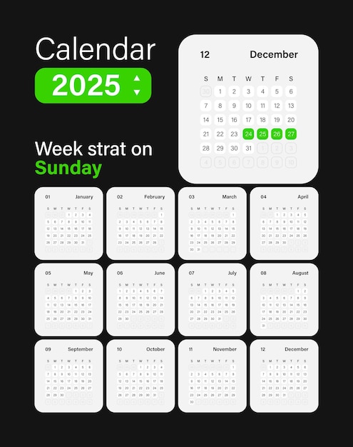 Calendario 2025 estilo de aplicación y la semana comienza el domingo