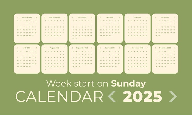 Calendario 2025 estilo de aplicación y la semana comienza el domingo
