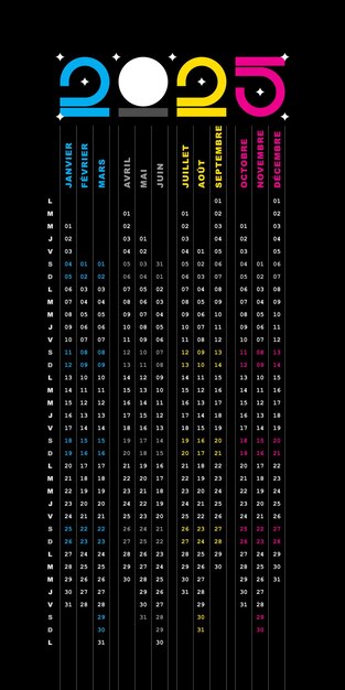 Calendario 2025 fechas franquicias diseño vertical colores modificables simples