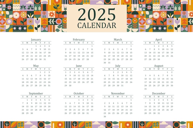 Vector calendario 2025 semana bauhaus comenzando el domingo listo