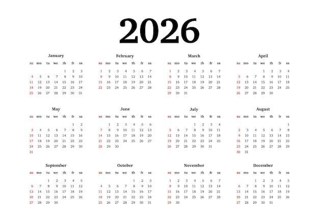 Calendario para 2026 aislado sobre un fondo blanco