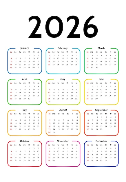 Calendario para 2026 aislado sobre un fondo blanco
