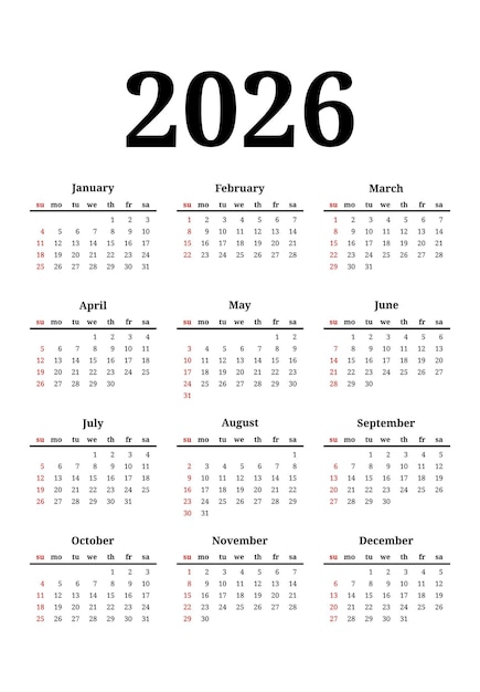 Calendario para 2026 aislado sobre un fondo blanco