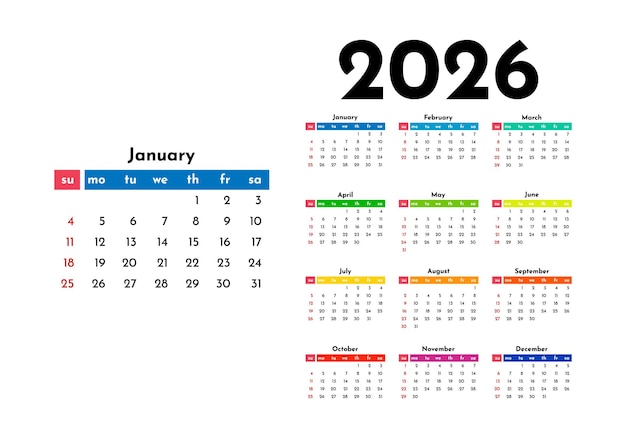 Calendario para 2026 aislado sobre un fondo blanco