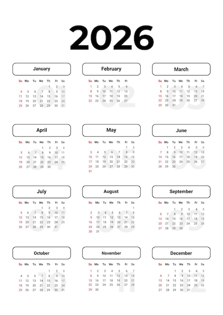 Calendario 2026 con comienzo de semana Domingo diseño corporativo para calendario digital de pared impresa