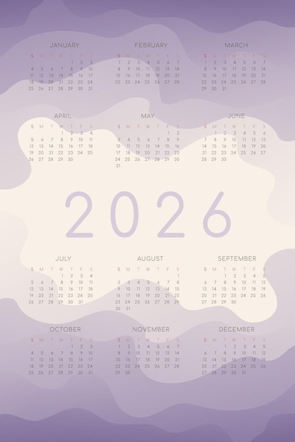 Vector calendario 2026 con formas de onda fluida degradado lila