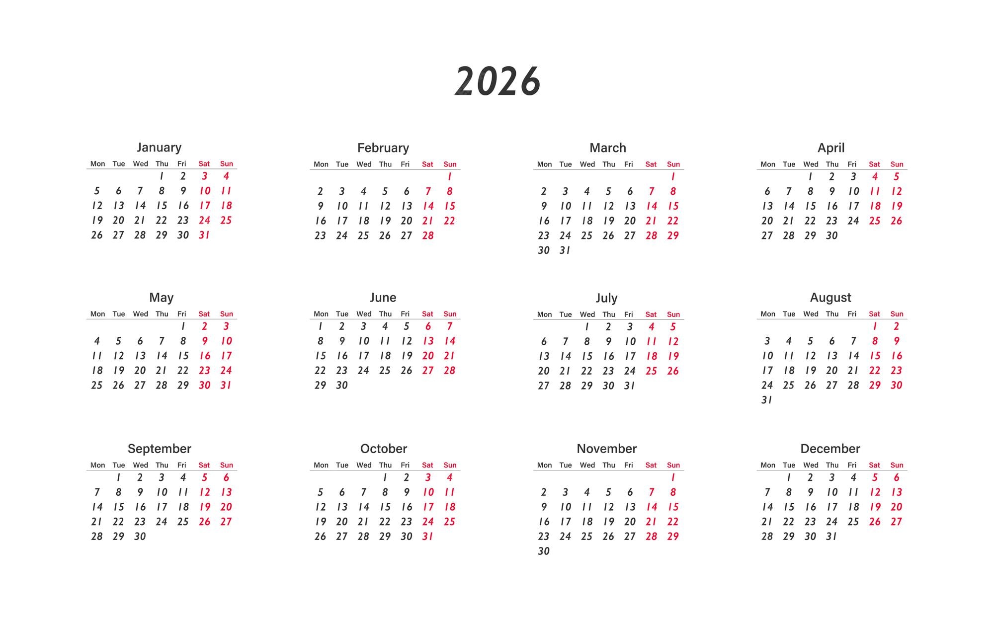 Calendario 2026 plantilla de planificador diseño aislado vectorial