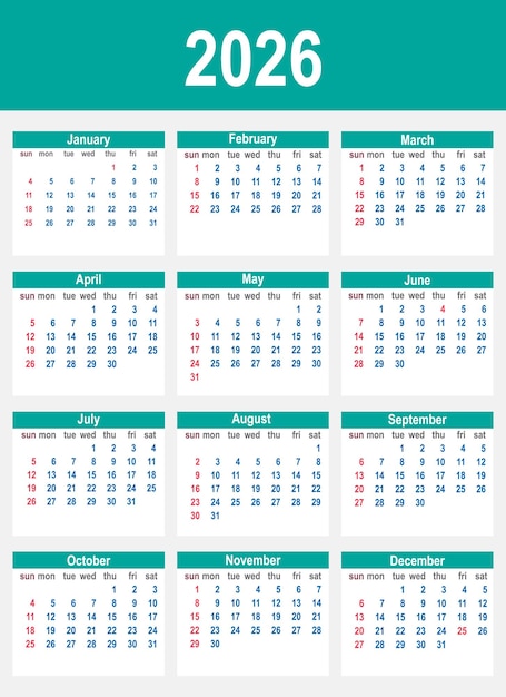 Calendario 2026 La semana comienza el domingo Calendario 2026 Diseño sencillo y limpio Calendario de pared