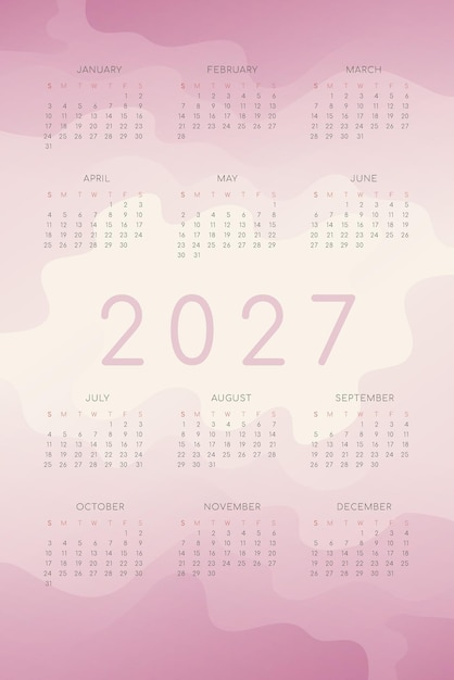 Calendario 2027 con formas de onda fluida degradado rosa rosa