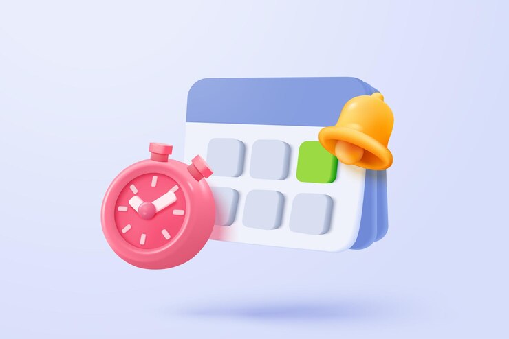 Vector calendario 3d con fecha y hora marcadas para el día de recordatorio en fondo azul calendario con reloj para programar cita evento día vacaciones planificación concepto 3d despertador icono vector render ilustración