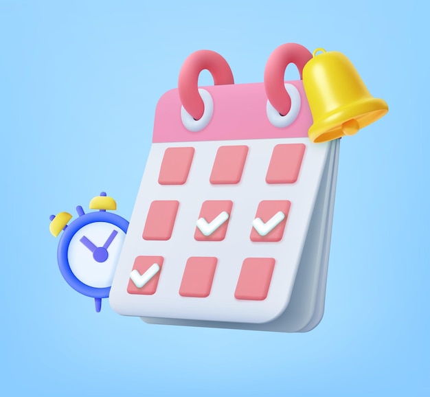 Vector calendario 3d con reloj y campana