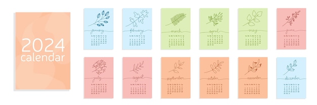 Calendario A4 2024 con un conjunto mínimo de hojas y flores dibujadas a mano elemento de la naturaleza La semana comienza
