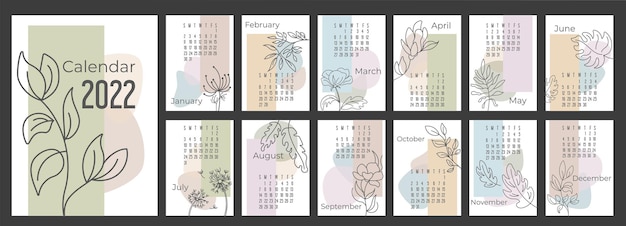 Calendario A4 o planificador 2022 figuras abstractas de moda con flores botánicas dibujadas a mano. Portada y 12 páginas mensuales. La semana comienza el domingo, colores pastel de ilustración vectorial A3 A2 A6