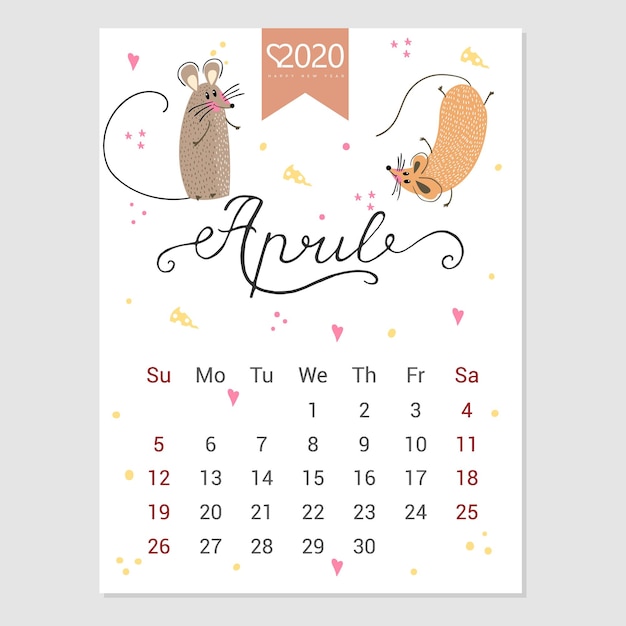 Vector calendario abril 2020 lindo calendario mensual con rata personajes de estilo dibujados a mano año de la rata