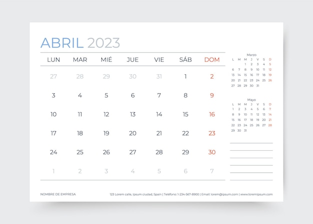 Calendario para abril de 2023 año en español plantilla de planificador mensual ilustración vectorial