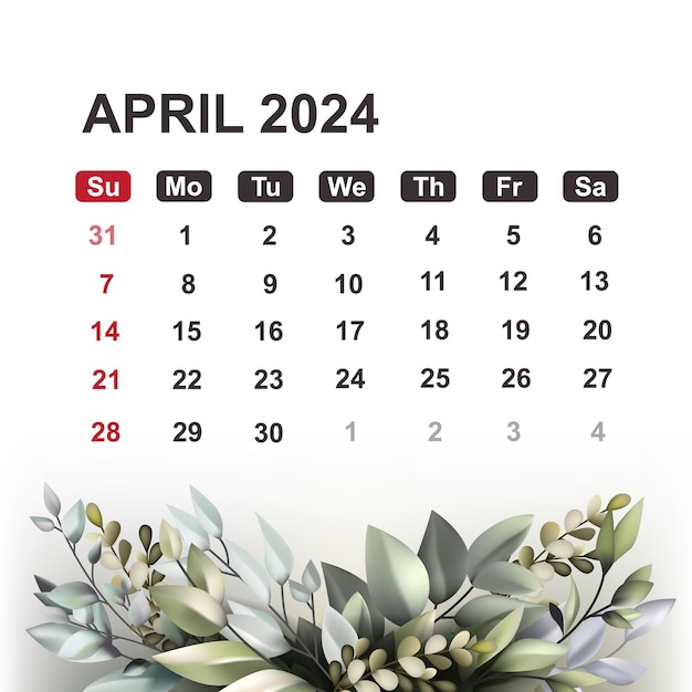 Vector calendario para abril de 2024 con flores y hojas ilustración vectorial