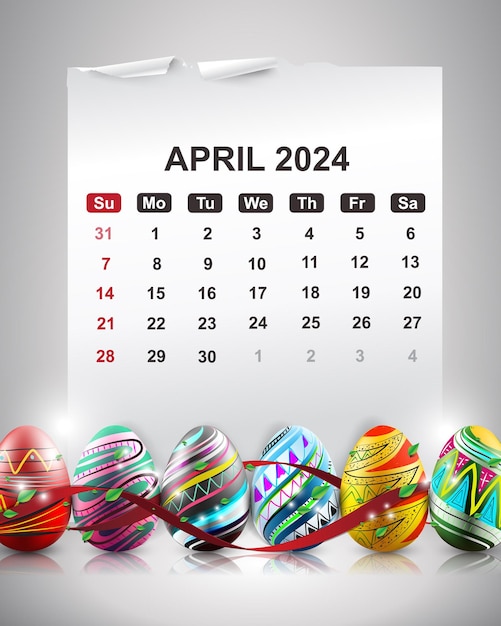 Calendario de abril de 2024 con huevos de pascua coloridos ilustración