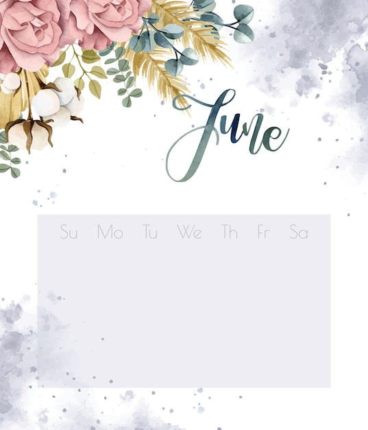 Calendario de acuarela de ramo de flores boho. Letras de junio en salpicaduras de acuarela